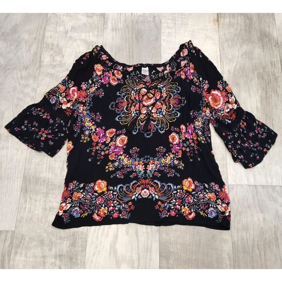 BILA Boho Ruffle Sleeve Peasant Top Size XL Black Floral Paisley Colorful Tassel - Picture 1 of 6